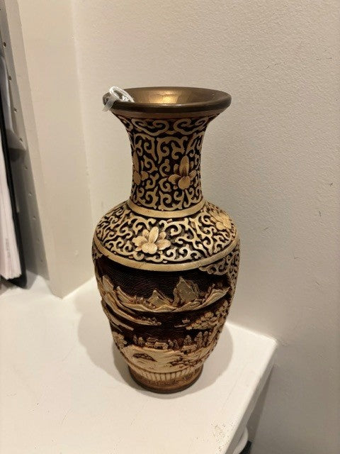 Carved Cinnabar & Brass Vase