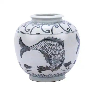Indigo Yuan Fish Open Top Porcelain Jar