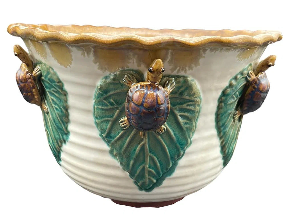 Majolica Style Turtles & Leaves Planter