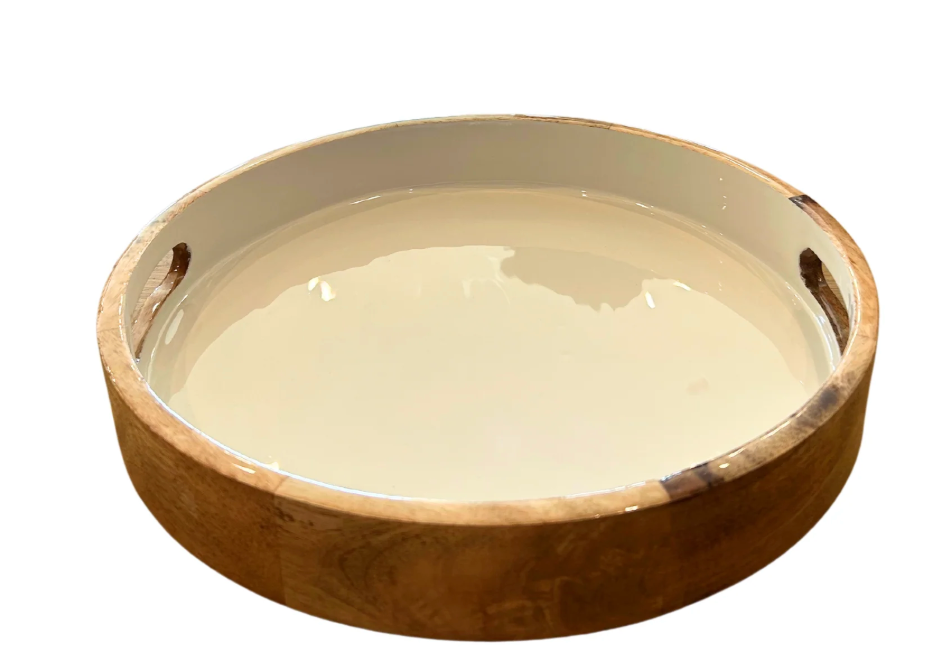 Mango Wood & Enamel Round Tray w/ Handles