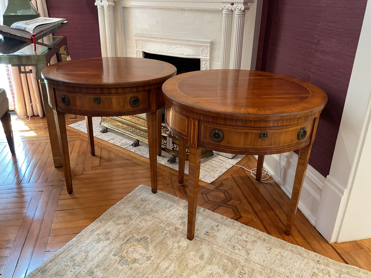 Alfonso Marina inlaid Fruitwood Round Drum Table with Drawer
