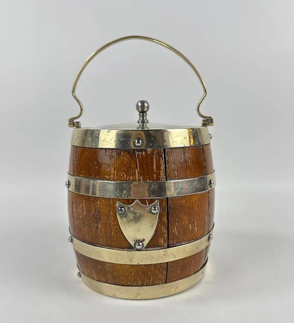 Antique Wood and Silverplated English Biscuit Barrel