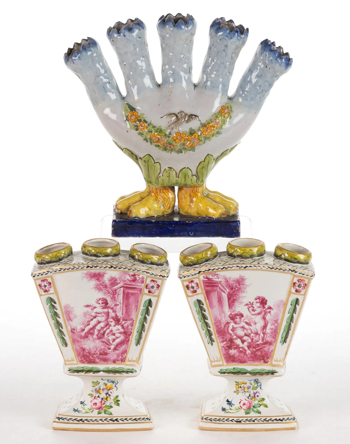 Italian Hand-Painted Tulipiere with Pawfeet 19th C.