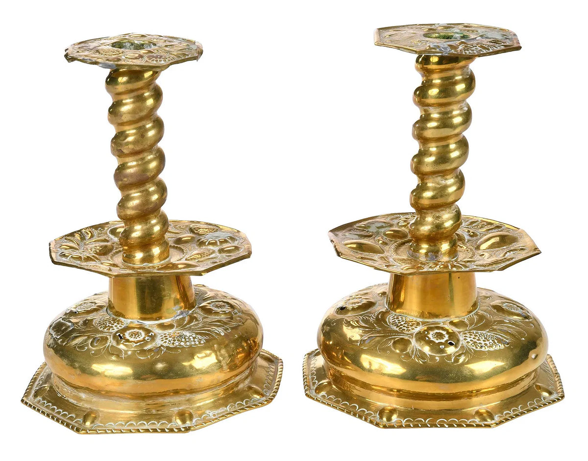 Pair of Continental BRass Repousse Candlesticks